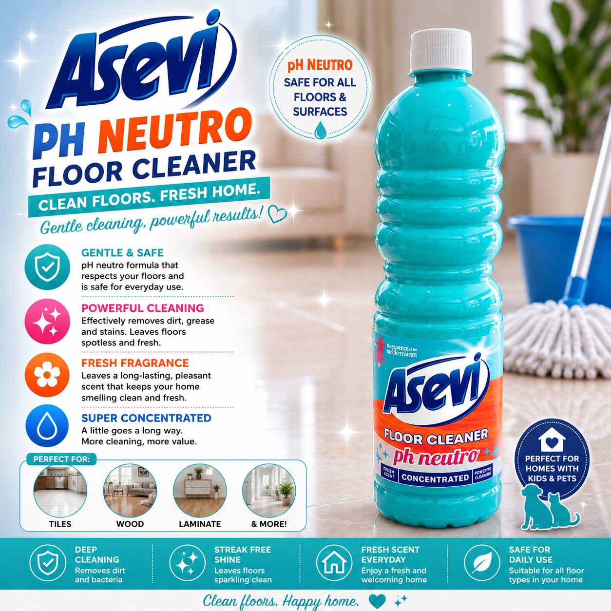 Asevi Floor Cleaner Concentrated - 1L - Light Blue PH Neutral