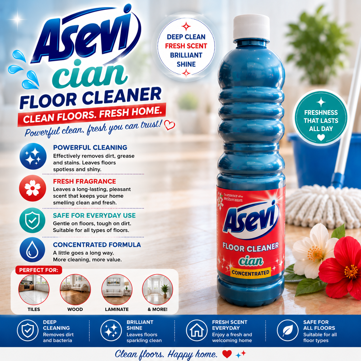 Asevi Floor Cleaner Concentrated - 1L - Blue Cian