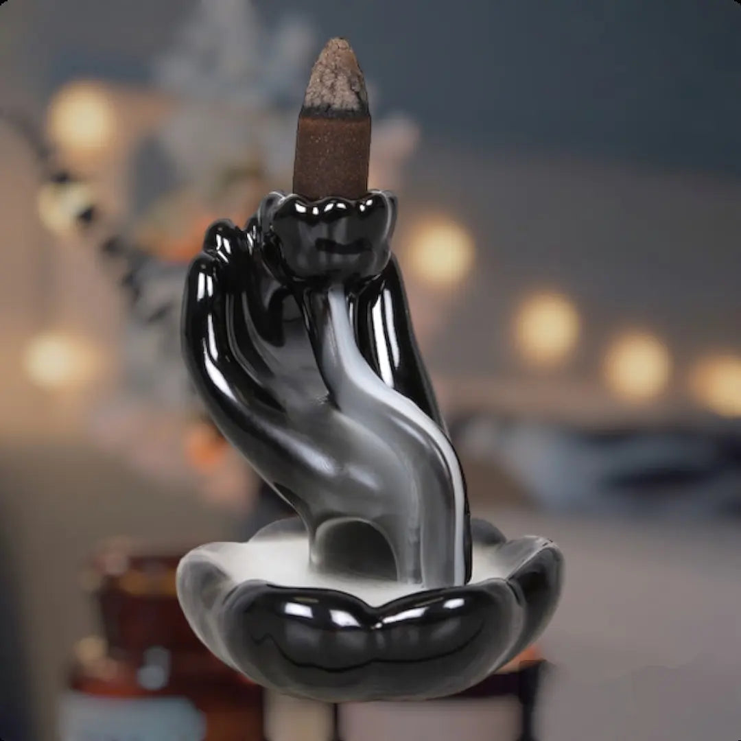 Hand & Lotus Flower Black Ceramic Backflow Incense Cone Burner Feng Shui