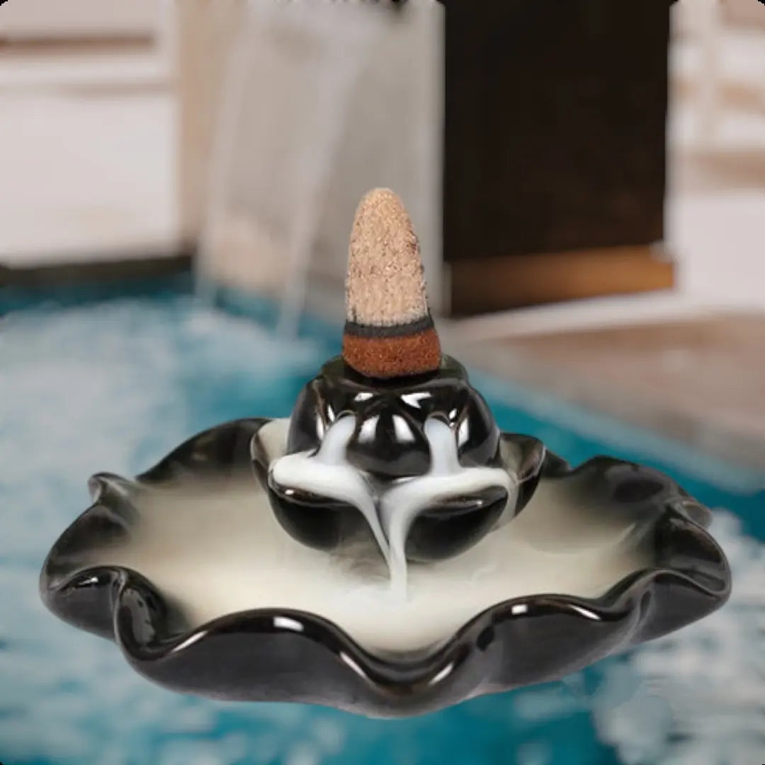 Black Lotus Pool Ceramic Backflow Incense Cone Burner Feng Shui Gift