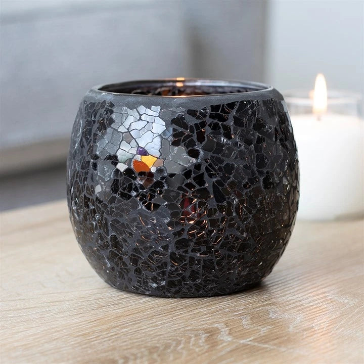 LARGE BLACK CRACKLE GLASS CANDLE HOLDER