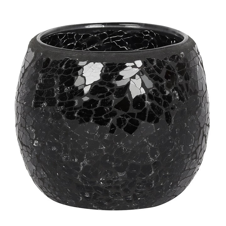 LARGE BLACK CRACKLE GLASS CANDLE HOLDER