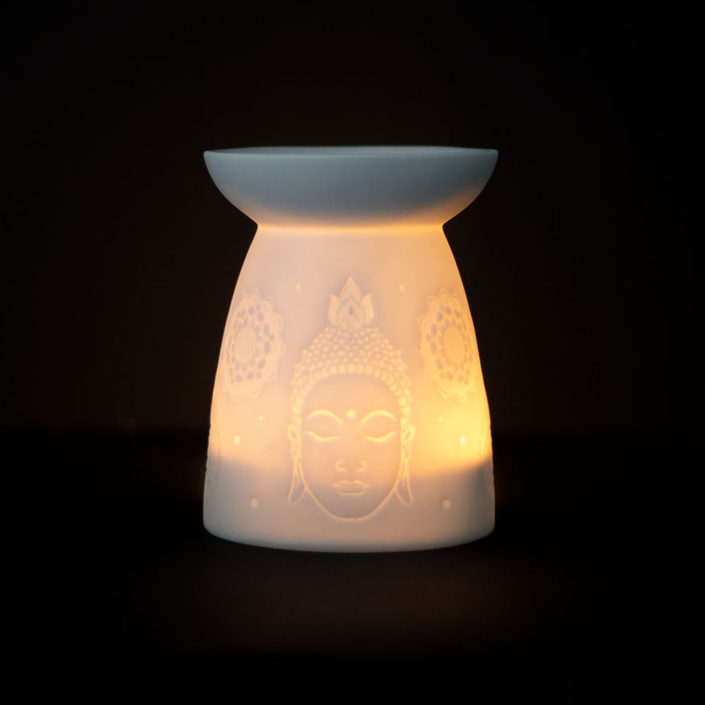 White Ceramic Buddha Face Oil Burner with Melt