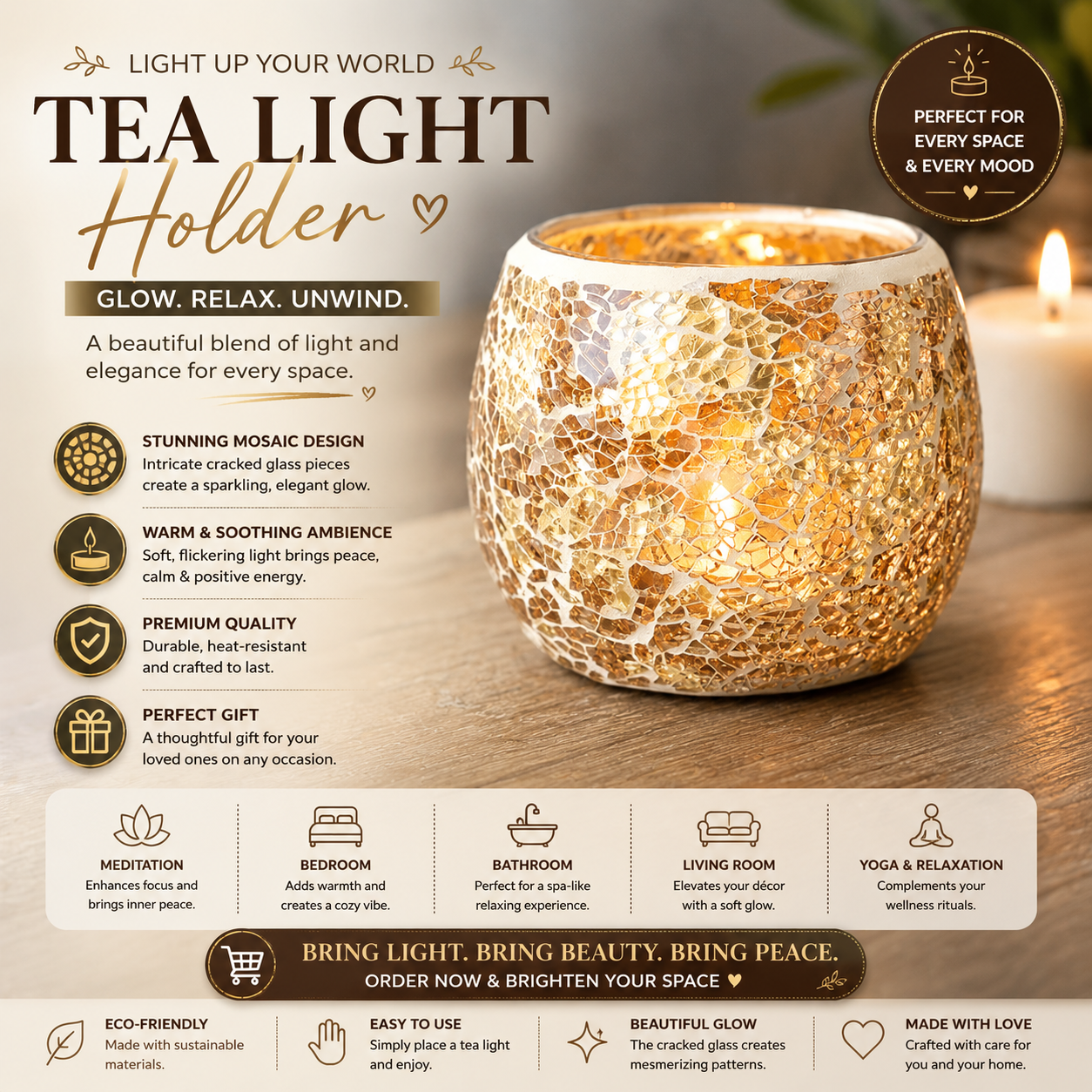 LARGE GOLD CRACKLE GLASS CANDLE HOLDER